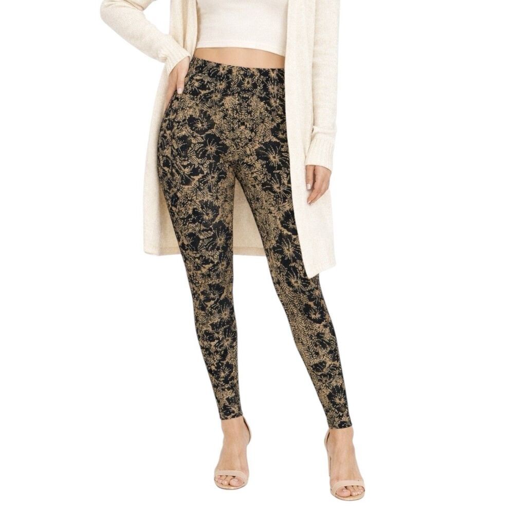 Free People Gold Metallic Ornate Floral Print Leggings Black Boho